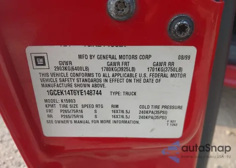 2000 Chevrolet Silverado 1500 Ls from USA, damaged, VIN 1GCEK14T6YE148744